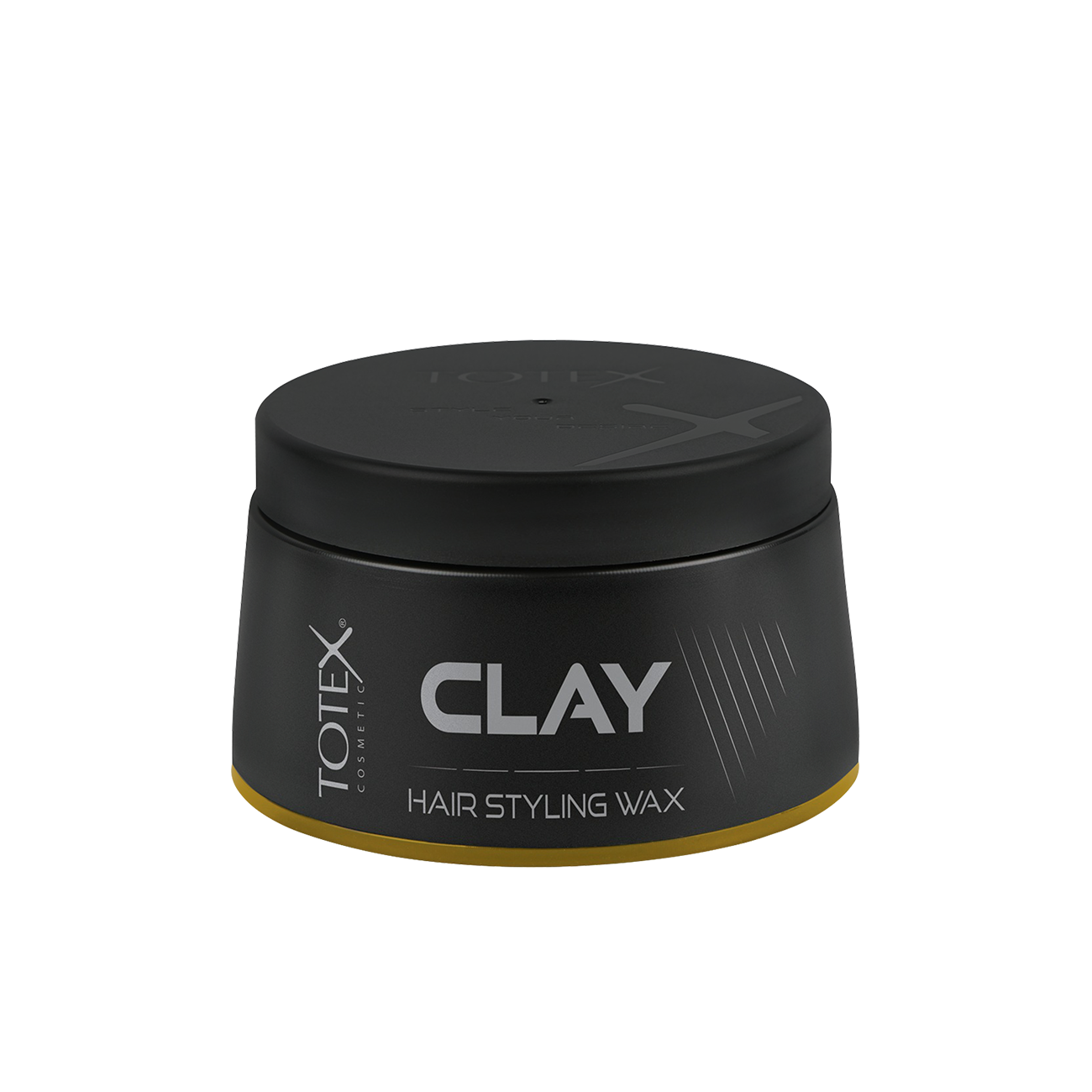 Ceară mată pentru păr Totex Hair Styling Wax Clay 150ml de la Olimpstore, borcan negru cu capac negru, bandă galbenă jos.