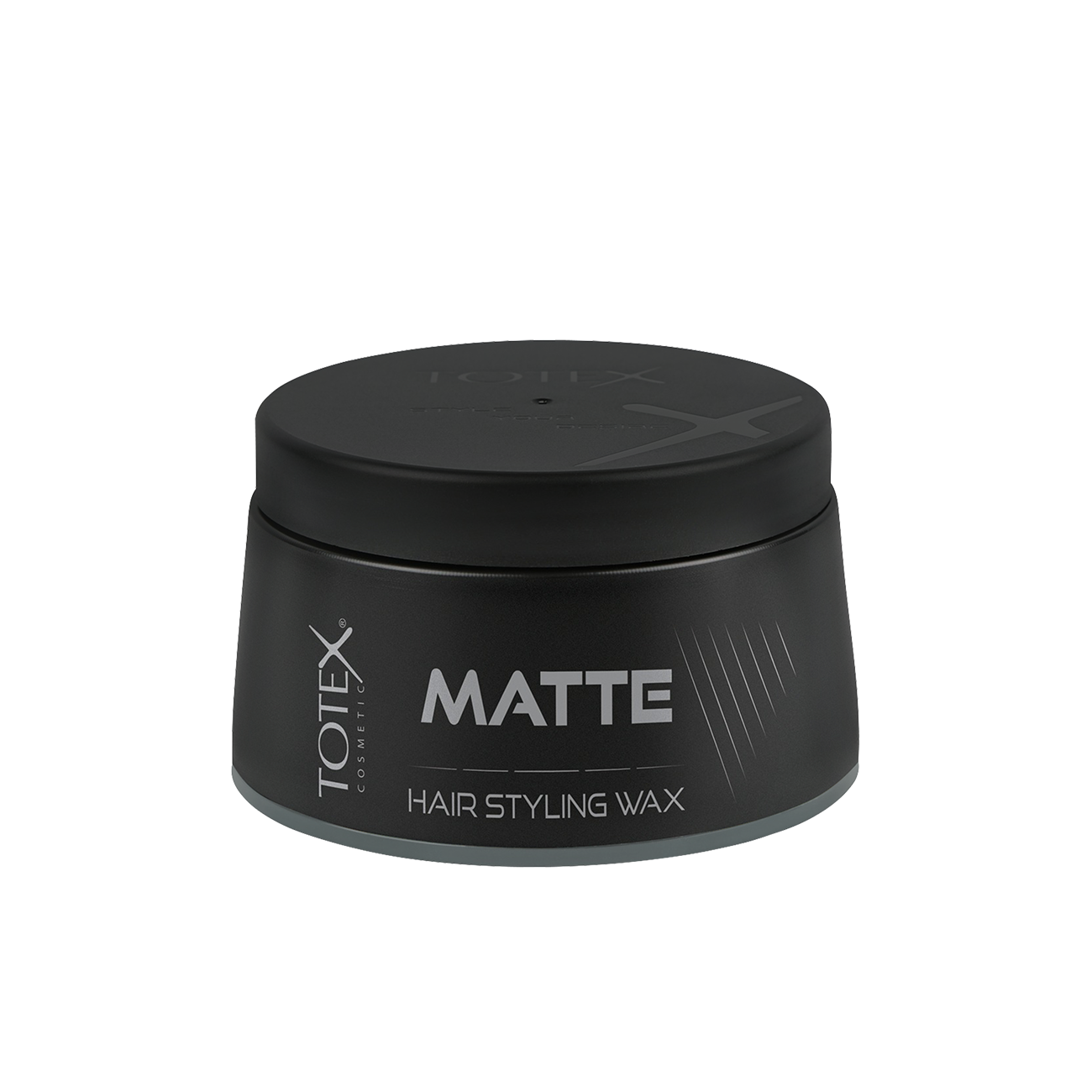 Ceară mată pentru păr Totex Hair Styling Wax Matte de la Olimpstore, borcan negru, capac negru, bandă gri la bază.