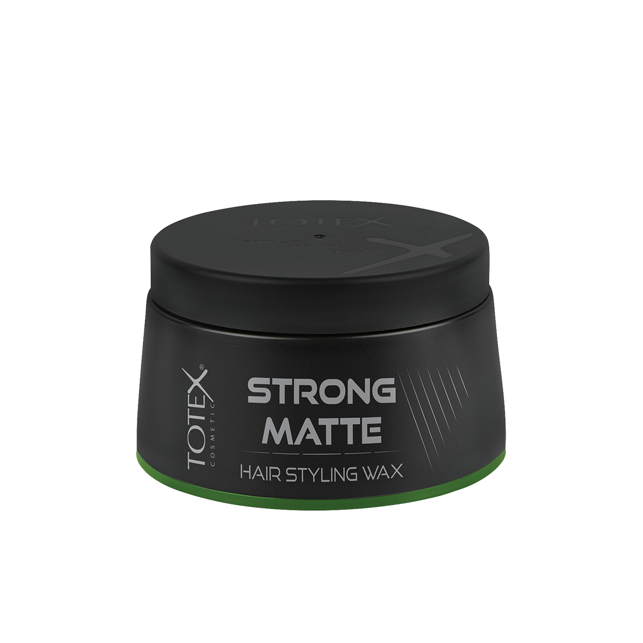 Ceară mată pentru păr Totex Hair Styling Wax Strong Matte de la Olimpstore, borcan negru, capac negru, bandă verde la bază.
