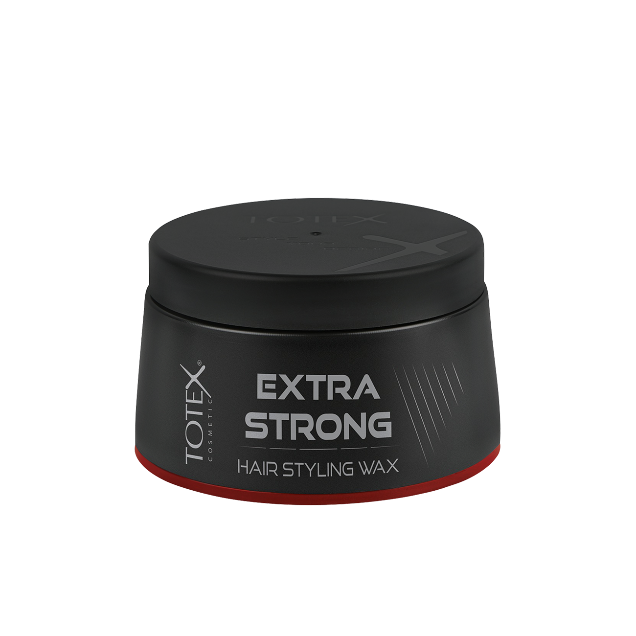 Ceară pentru păr Totex Hair Styling Wax Extra Strong 150ml de la Olimpstore, borcan negru cu capac negru, bandă roșie jos.
