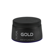 Ceară pentru păr Totex Hair Styling Wax Gold de la Olimpstore, borcan negru, capac negru, bandă mov la bază.
