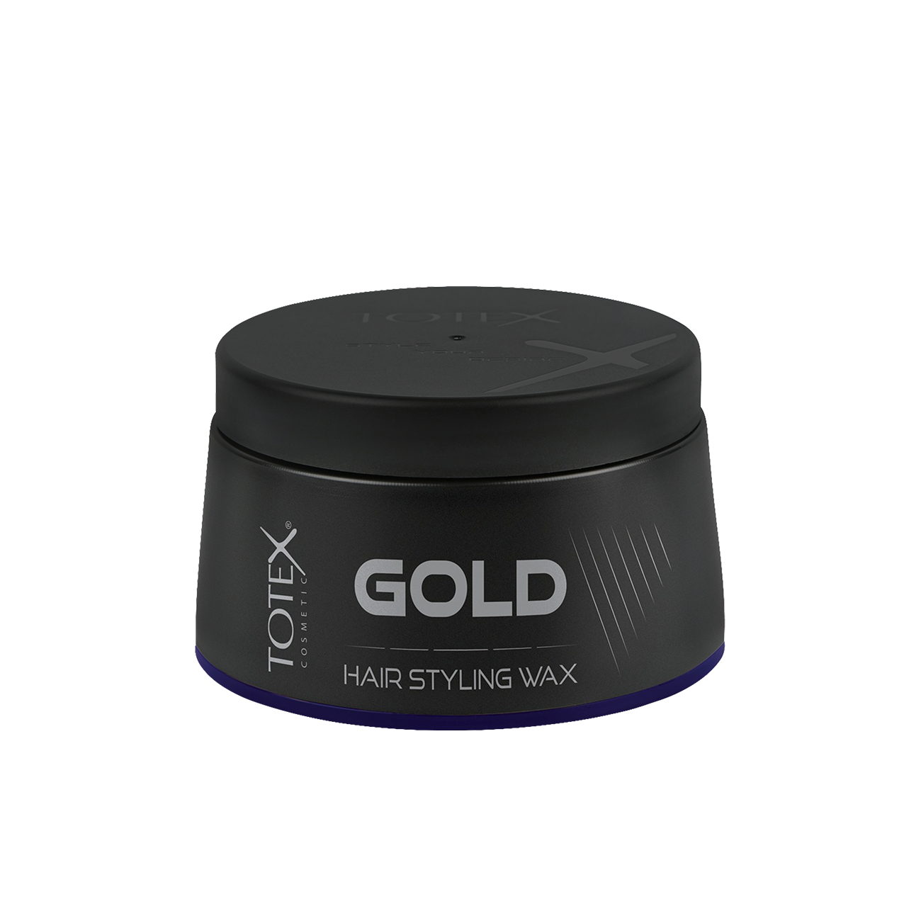 Ceară pentru păr Totex Hair Styling Wax Gold de la Olimpstore, borcan negru, capac negru, bandă mov la bază.