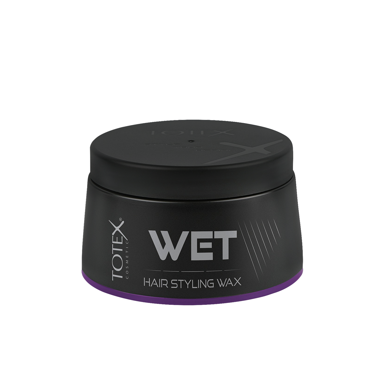 Ceară pentru păr Totex Hair Styling Wax Wet de la Olimpstore, borcan negru, capac negru, bandă mov la bază.
