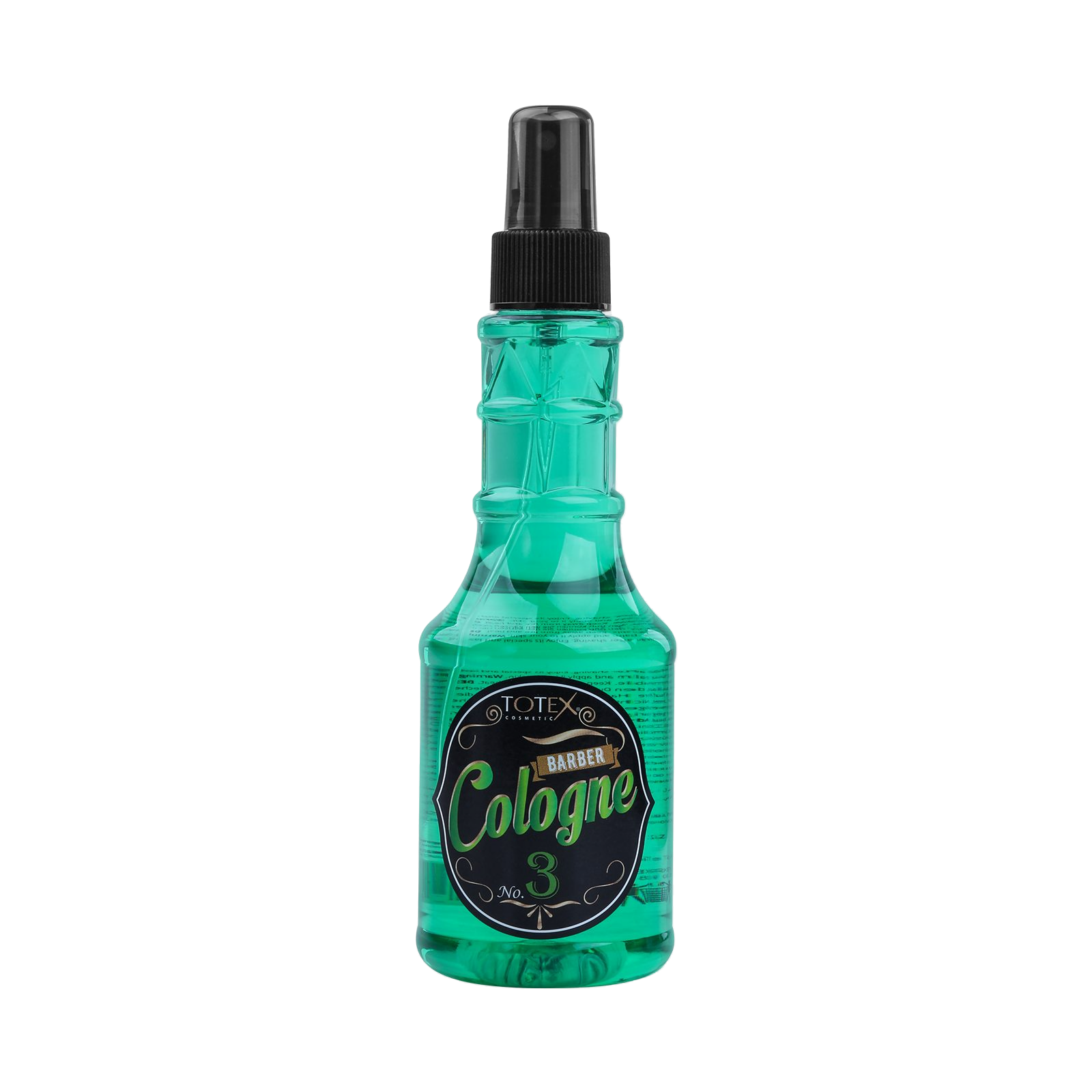 Colonie după ras Totex Barber Cologne 3 Green 250ml de la Olimpstore, flacon spray transparent, lichid verde, capac negru.