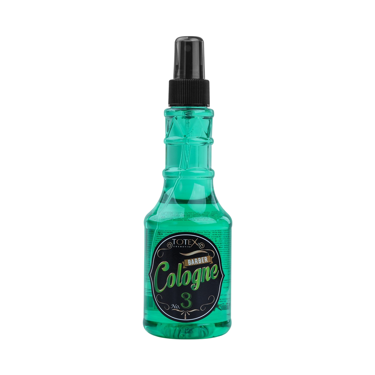 Colonie după ras Totex Barber Cologne 3 Green 250ml de la Olimpstore, flacon spray transparent, lichid verde, capac negru.