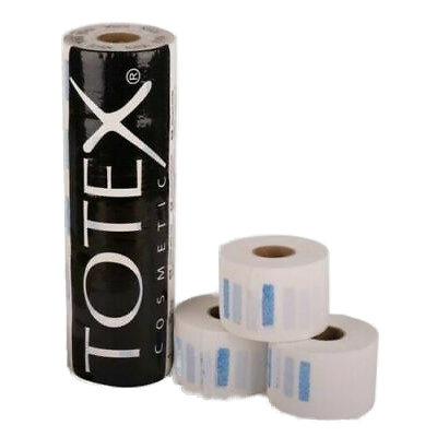 Guler frizerie de unică folosință Totex Neck Strip de la Olimpstore, rolă neagră cu logo alb și trei role albe cu dungă albastră.