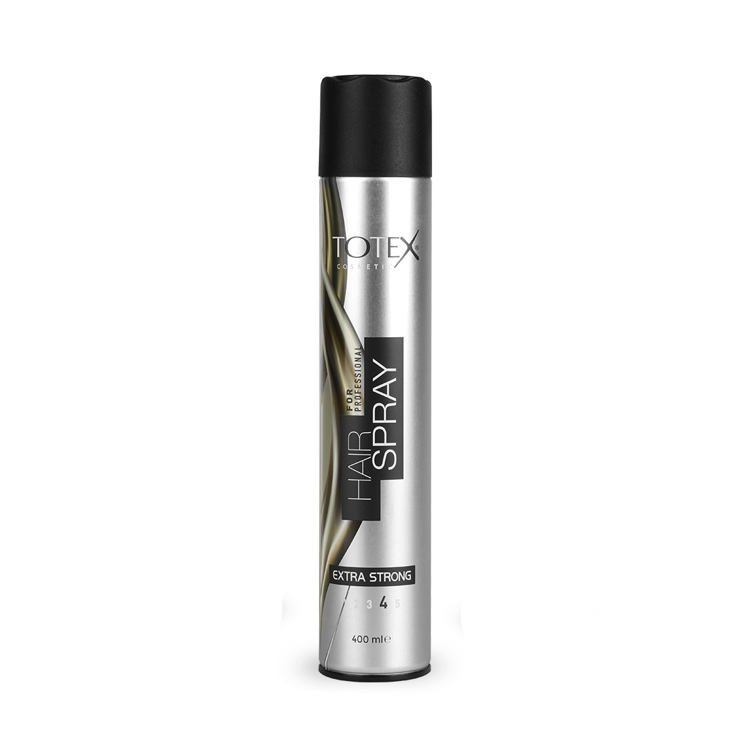 Lac de păr Totex Hair Spray 4 Extra Strong 400ml de la Olimpstore, doză argintie cu capac negru.
