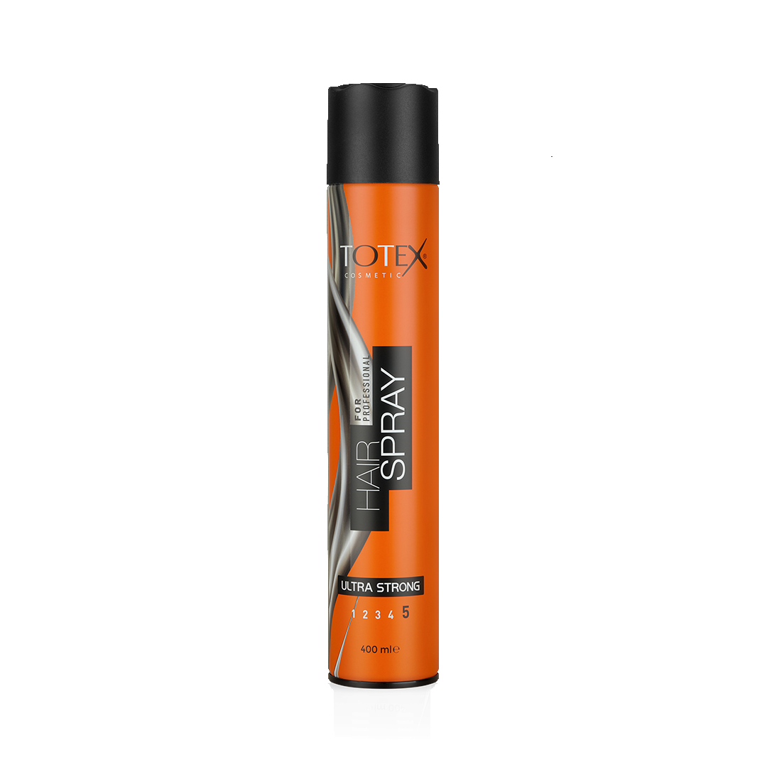 Lac de păr Totex Hair Spray 5 Ultra Strong 400ml de la Olimpstore, doză portocalie cu capac negru.