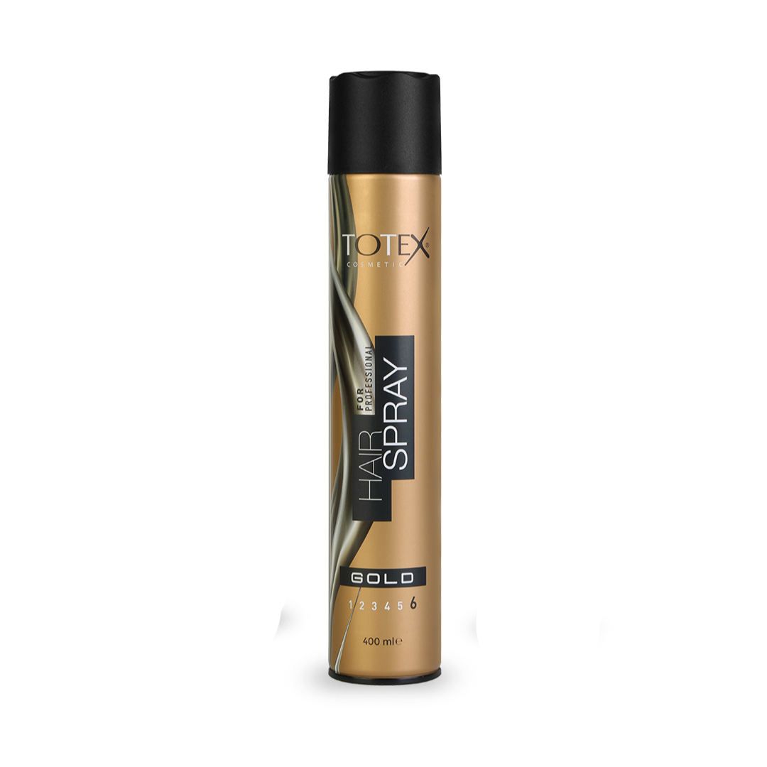 Lac de păr Totex Hair Spray 6 Gold Strong 400ml de la Olimpstore, doză aurie cu capac negru.