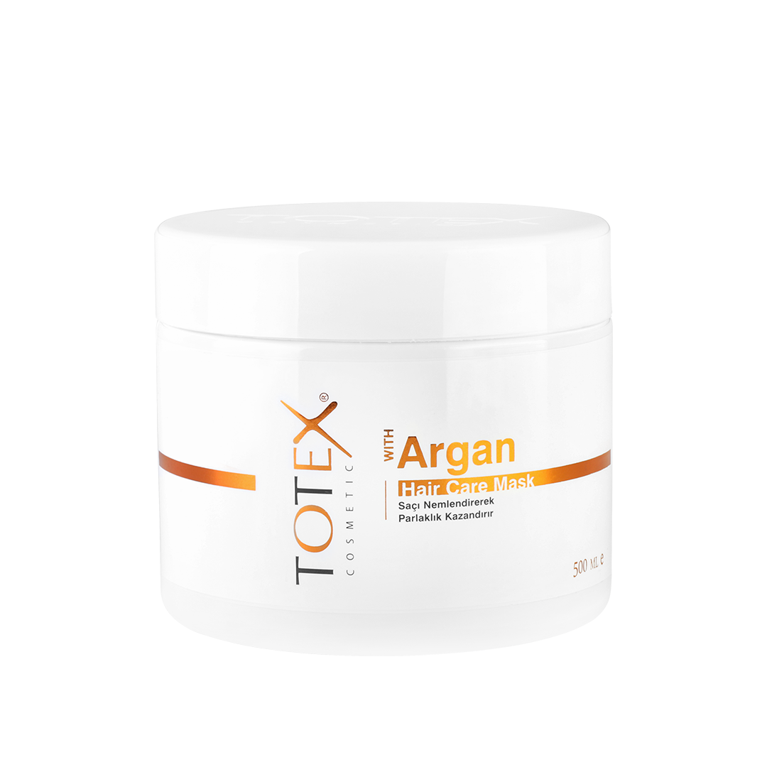 Mască pentru păr Totex Argan Hair Care Mask 500ml de la Olimpstore, borcan alb cu capac alb, dungă portocalie pe etichetă.
