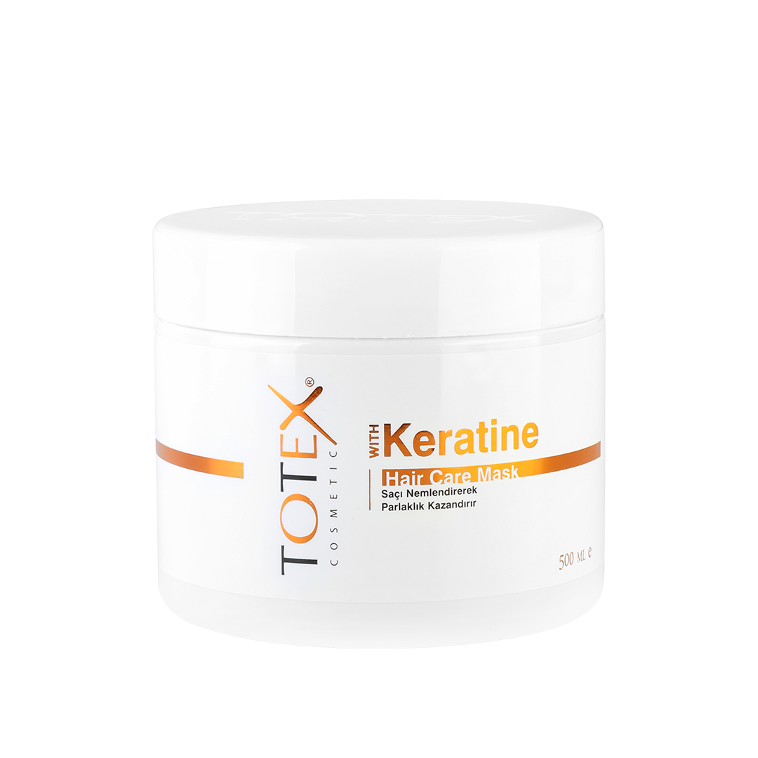 Mască pentru păr Totex Keratine Rebuilding Hair Mask de la Olimpstore, borcan alb, capac alb, etichetă cu accent portocaliu.
