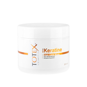 Mască pentru păr Totex Keratine Rebuilding Hair Mask de la Olimpstore, borcan alb, capac alb, etichetă cu accent portocaliu.