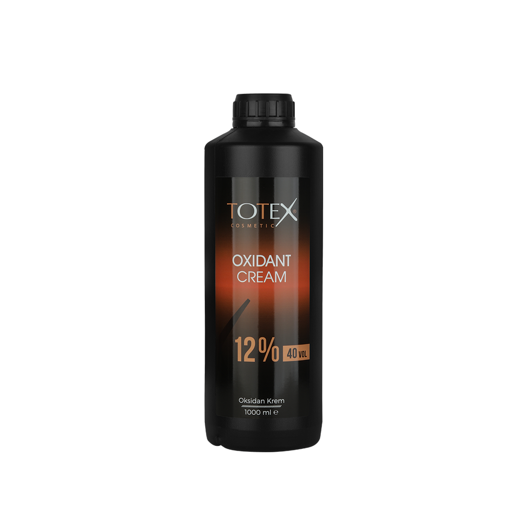 Oxidant pentru vopsea Totex Oxidant Cream 12% de la Olimpstore, flacon negru cu capac negru, etichetă cu degrade portocaliu.