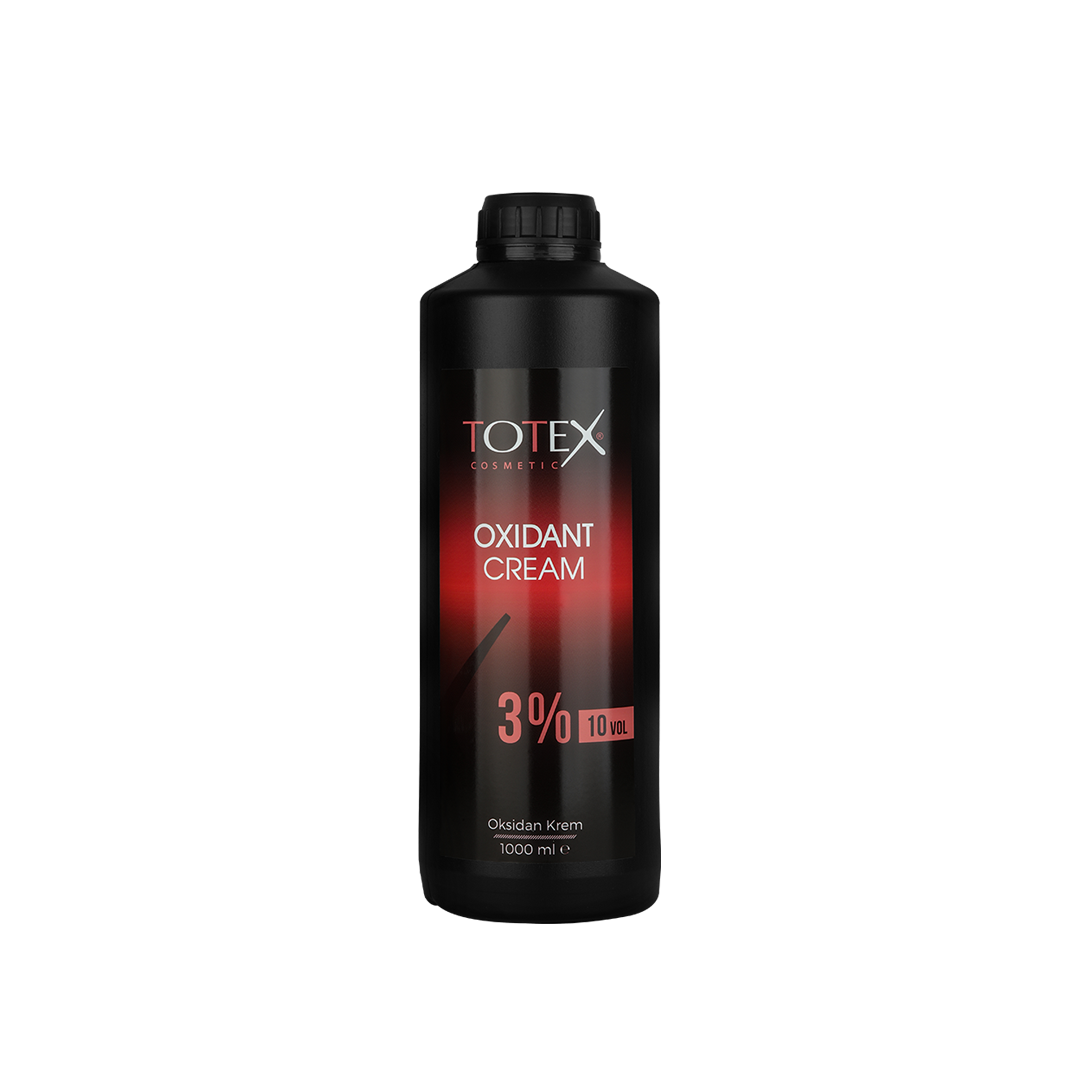 Oxidant pentru vopsea Totex Oxidant Cream 3% de la Olimpstore, flacon negru cu capac negru, etichetă cu degrade roșu.