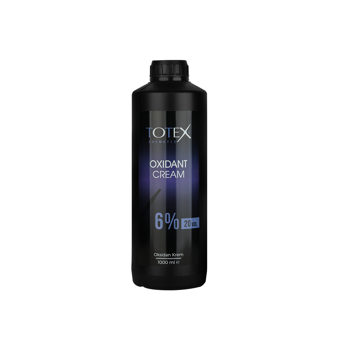 Oxidant pentru vopsea Totex Oxidant Cream 6% de la Olimpstore, flacon negru cu capac negru, etichetă cu degrade mov-albastru.