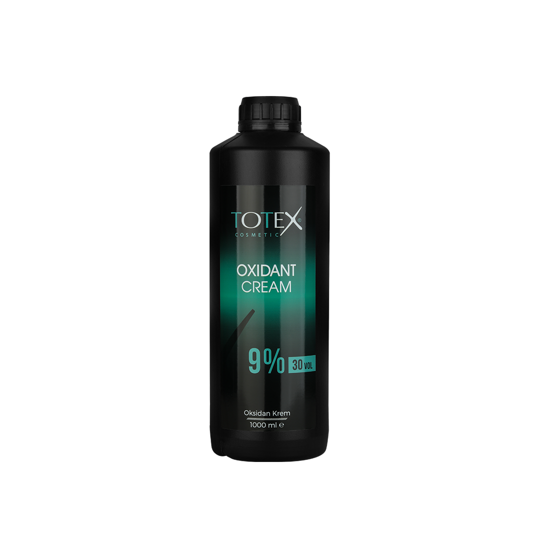 Oxidant pentru vopsea Totex Oxidant Cream 9% de la Olimpstore, flacon negru cu capac negru, etichetă cu degrade verde-turcoaz.