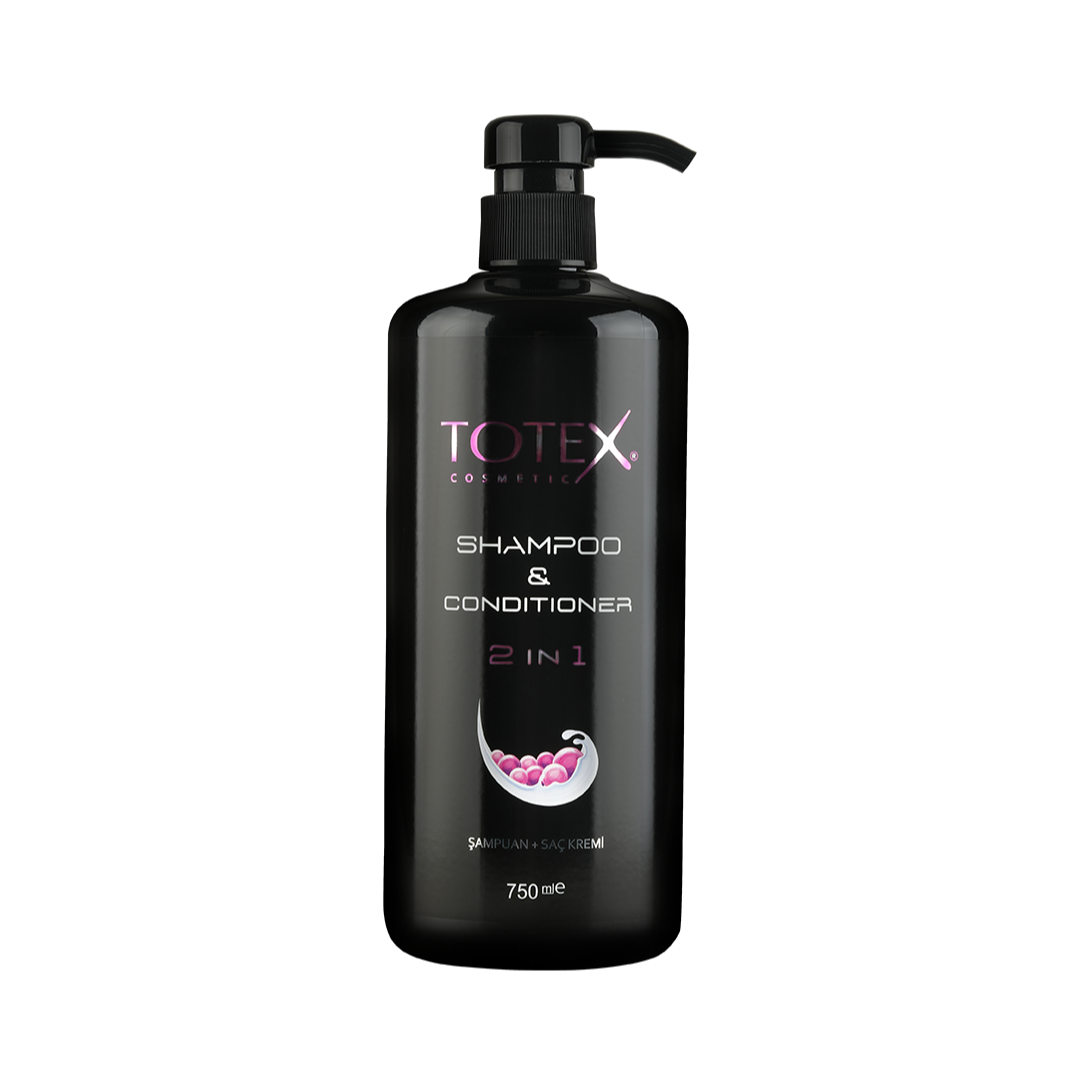 Șampon-balsam pentru păr Totex Shampoo-Conditioner 2in1 de la Olimpstore, flacon negru cu pompiță, text roz și alb.