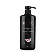Șampon-balsam pentru păr Totex Shampoo-Conditioner 2in1 de la Olimpstore, flacon negru cu pompiță, text roz și alb.