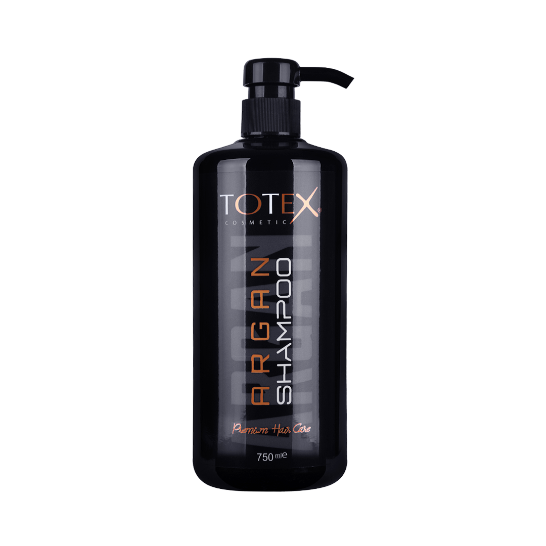 Șampon pentru păr Totex Shampoo Argan de la Olimpstore, flacon negru cu pompiță, text portocaliu și alb.