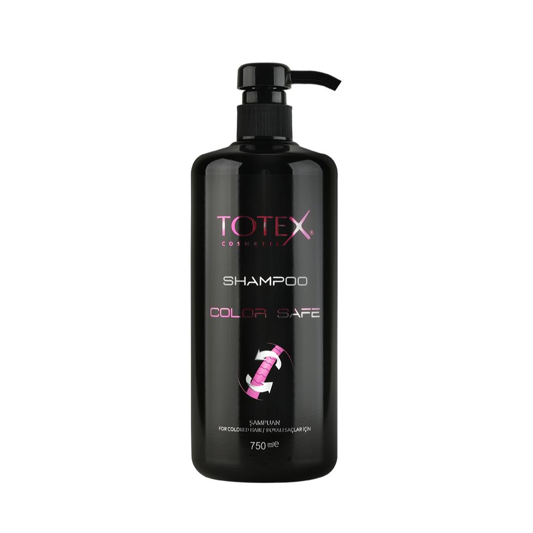 Șampon pentru păr Totex Shampoo Color Safe de la Olimpstore, flacon negru cu pompiță, text roz cu grafic spiralat.