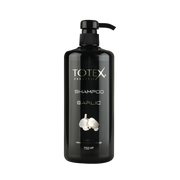 Șampon pentru păr Totex Shampoo Garlic de la Olimpstore, flacon negru cu pompiță, imagine de usturoi pe etichetă.