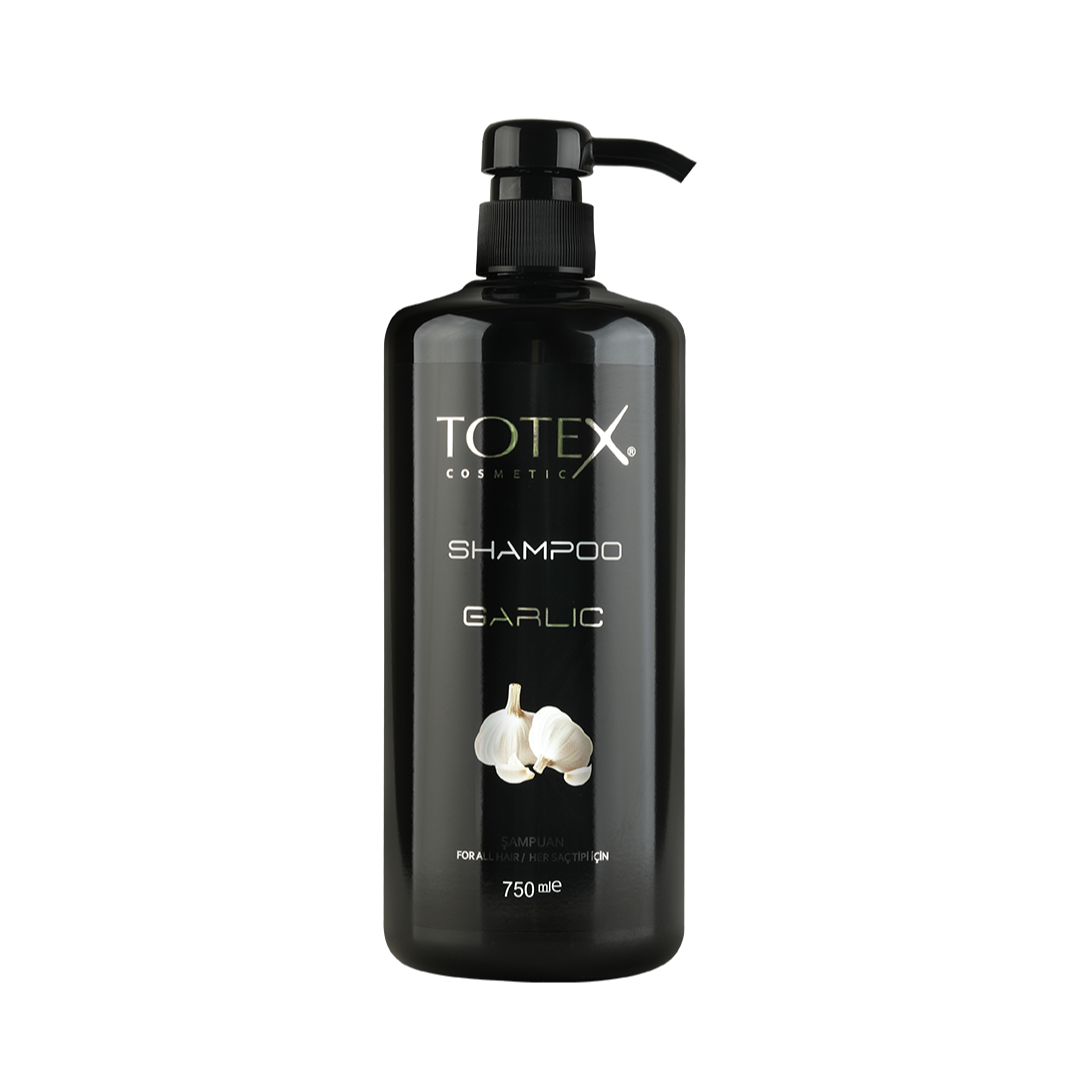 Șampon pentru păr Totex Shampoo Garlic de la Olimpstore, flacon negru cu pompiță, imagine de usturoi pe etichetă.
