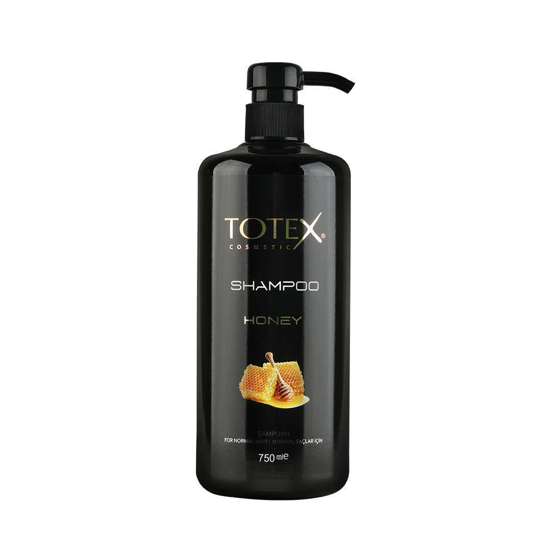 Șampon pentru păr Totex Shampoo Honey de la Olimpstore, flacon negru cu pompiță, imagine de fagure cu miere pe etichetă.