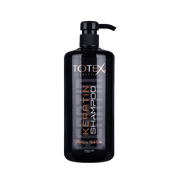 Șampon pentru păr Totex Shampoo Keratin de la Olimpstore, flacon negru cu pompiță, text portocaliu și alb.