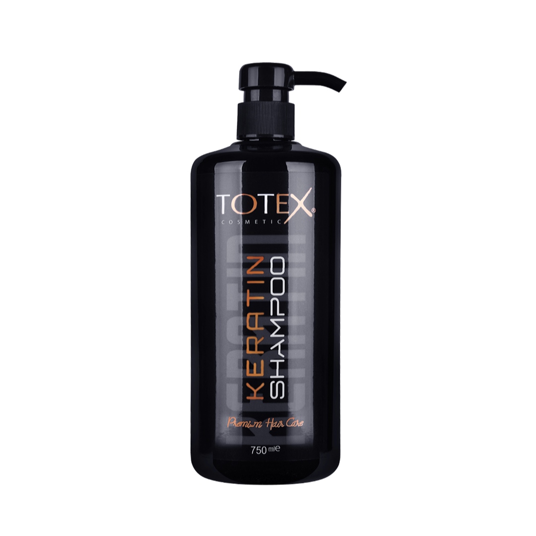 Șampon pentru păr Totex Shampoo Keratin de la Olimpstore, flacon negru cu pompiță, text portocaliu și alb.