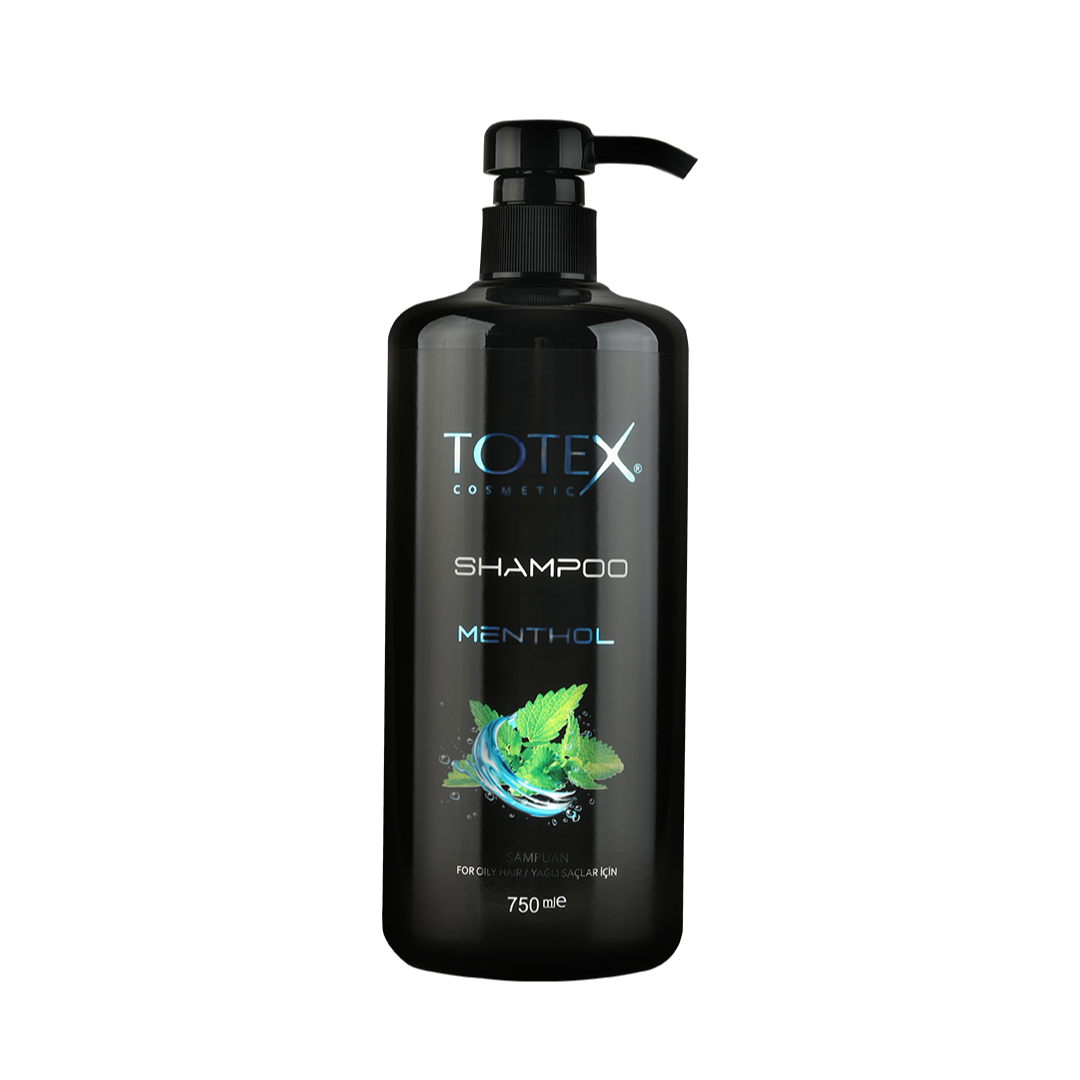 Șampon pentru păr Totex Shampoo Menthol de la Olimpstore, flacon negru cu pompiță, frunze verzi de mentă pe etichetă.