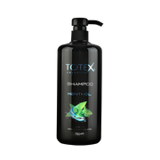Șampon pentru păr Totex Shampoo Menthol de la Olimpstore, flacon negru cu pompiță, frunze verzi de mentă pe etichetă.