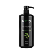 Șampon pentru păr Totex Shampoo Olive Oil de la Olimpstore, flacon negru cu pompiță, ramură de măsline verzi pe etichetă.