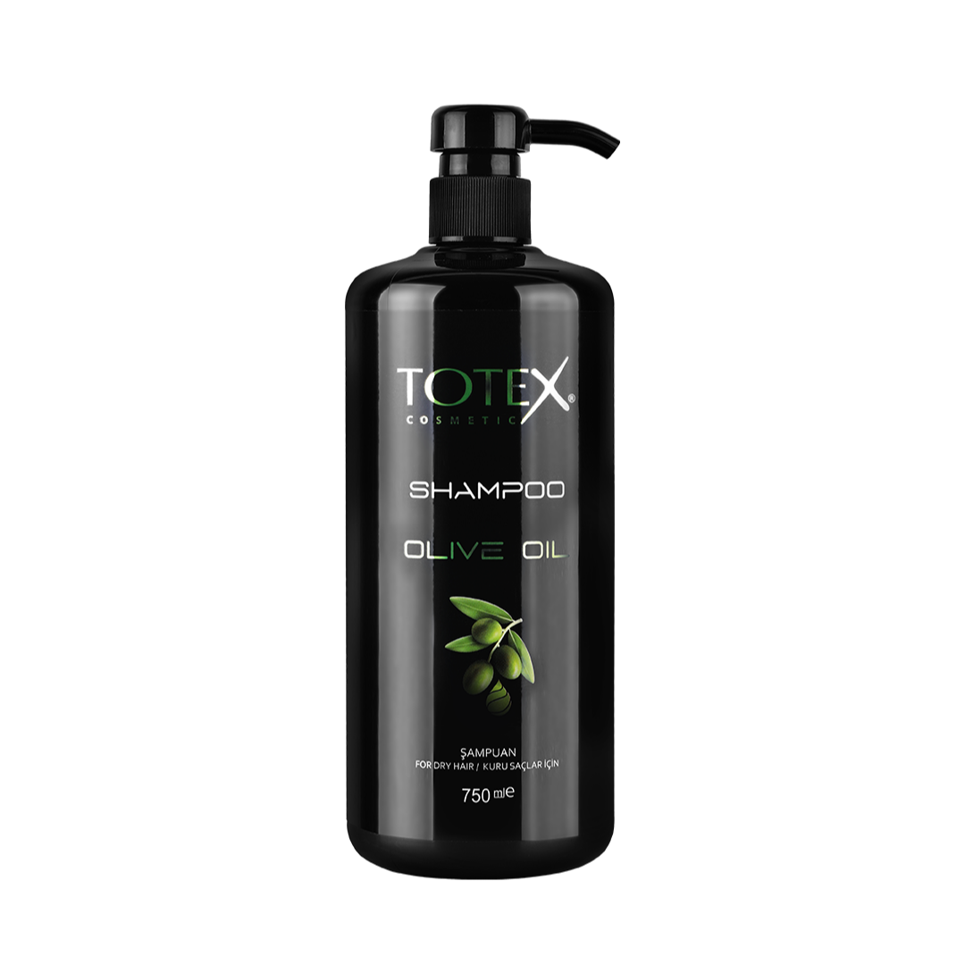 Șampon pentru păr Totex Shampoo Olive Oil de la Olimpstore, flacon negru cu pompiță, ramură de măsline verzi pe etichetă.