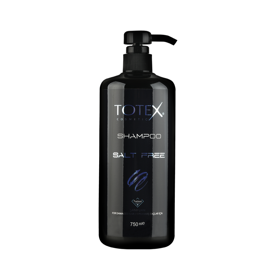 Șampon pentru păr Totex Shampoo Salt Free de la Olimpstore, flacon negru cu pompiță, text alb și albastru.