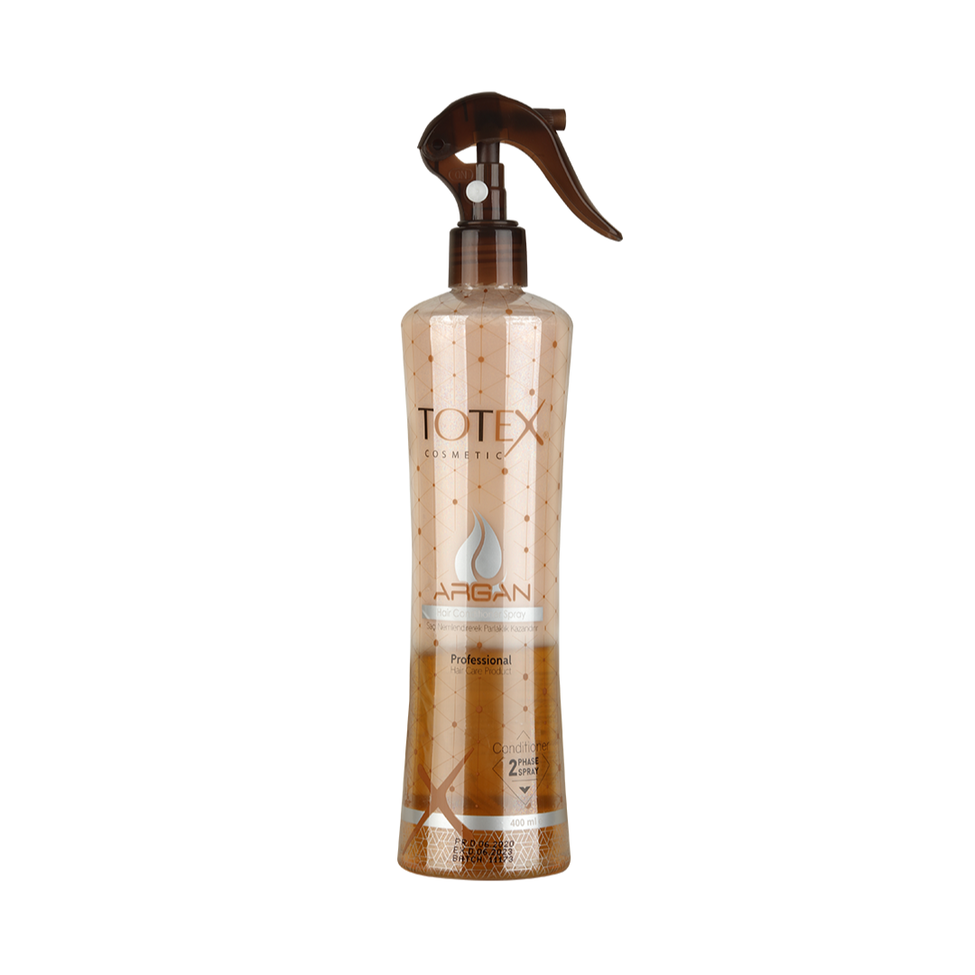 Spray-conditioner pentru păr în 2 faze Totex Hair Conditioner Spray Argan 400ml de la Olimpstore, flacon maroniu-transparent, capac maro.