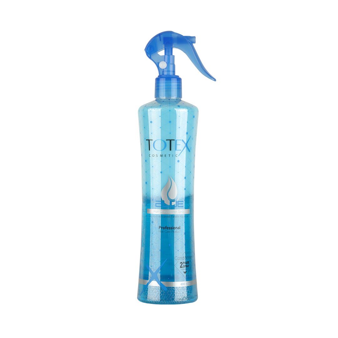 Spray-conditioner pentru păr în 2 faze Totex Hair Conditioner Spray Blue 400ml de la Olimpstore, flacon albastru-transparent, capac albastru.