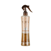 Spray-conditioner pentru păr în 2 faze Totex Hair Conditioner Spray Keratine 400ml de la Olimpstore, flacon bej-auriu transparent, capac maro.