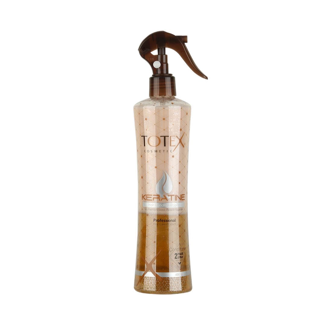Spray-conditioner pentru păr în 2 faze Totex Hair Conditioner Spray Keratine 400ml de la Olimpstore, flacon bej-auriu transparent, capac maro.