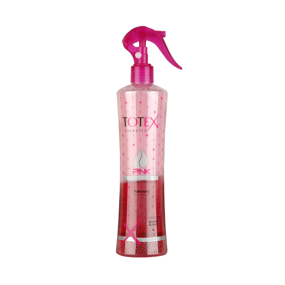 Spray-conditioner pentru păr în 2 faze Totex Hair Conditioner Spray Pink 400ml de la Olimpstore, flacon roz-transparent, capac roz.