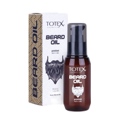 Ulei pentru barbă Totex Beard Oil 75ml de la Olimpstore, flacon maro cu pompă, cutie carton alb-auriu alături.