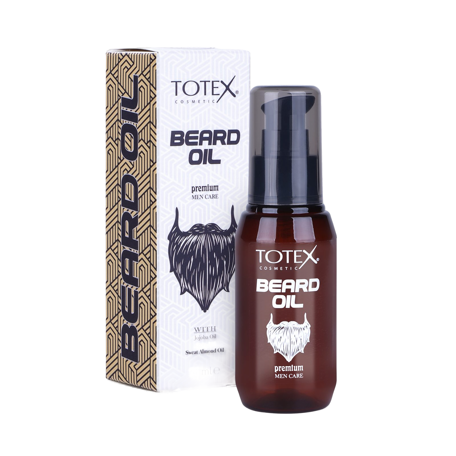Ulei pentru barbă Totex Beard Oil 75ml de la Olimpstore, flacon maro cu pompă, cutie carton alb-auriu alături.