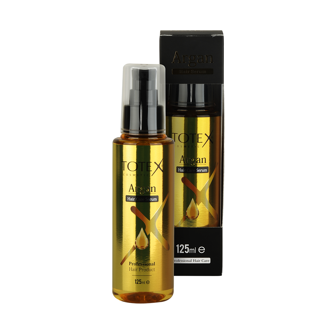 Ulei pentru păr Totex Hair Care Serum Argan 125ml de la Olimpstore, flacon auriu cu pompă, cutie neagră cu accente aurii.